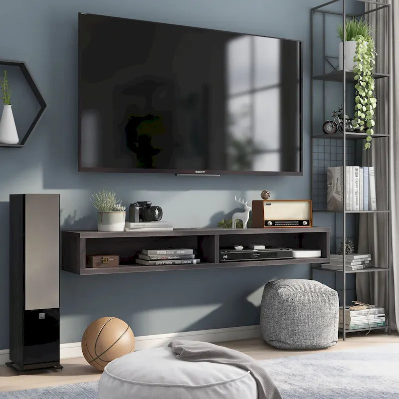 Meuble TV mural 60" avec 2 étagères ouvertes – Chêne vieilli / Cappuccino / Gris patiné / Noir
