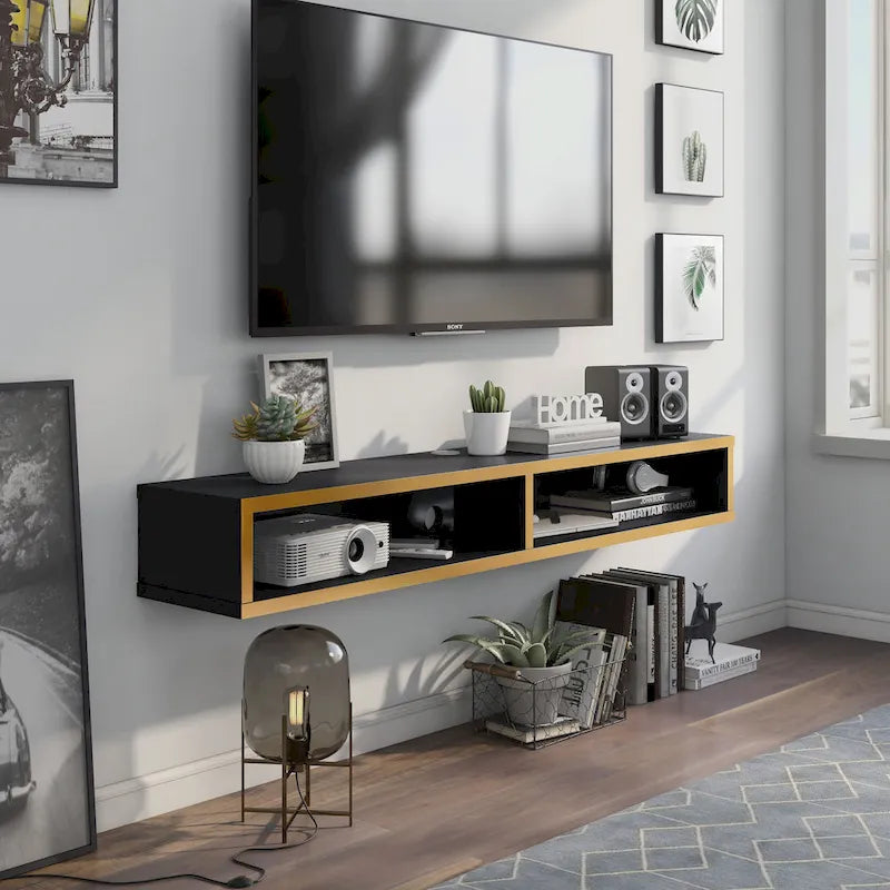 Meuble TV mural 60" avec 2 étagères ouvertes – Chêne vieilli / Cappuccino / Gris patiné / Noir