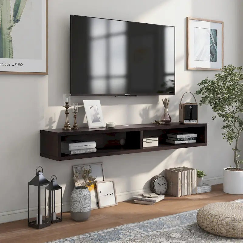 Meuble TV mural 60" avec 2 étagères ouvertes – Chêne vieilli / Cappuccino / Gris patiné / Noir