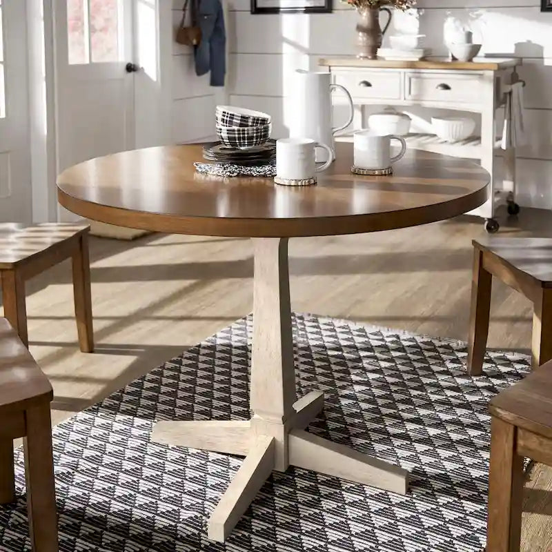 Table à manger ronde à piédestal bicolore antique noir/baie/blanc/denim/gris/sauge/chêne – 4 places