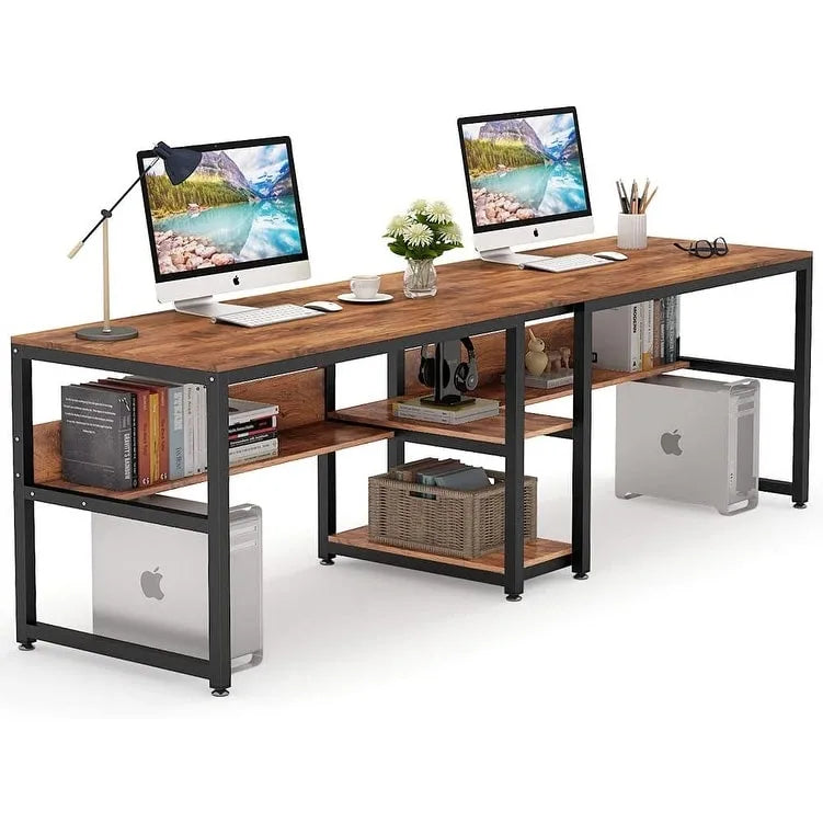 Bureau double pour ordinateur avec étagère, cadre en métal marron/noir/blanc/gris/gris clair, 200 cm – 2 places