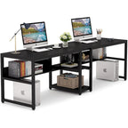Bureau double pour ordinateur avec étagère, cadre en métal marron/noir/blanc/gris/gris clair, 200 cm – 2 places