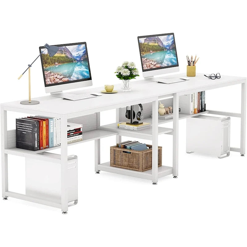 Bureau double pour ordinateur avec étagère, cadre en métal marron/noir/blanc/gris/gris clair, 200 cm – 2 places