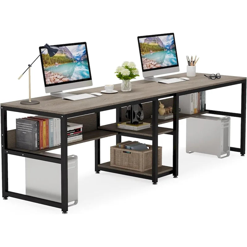 Bureau double pour ordinateur avec étagère, cadre en métal marron/noir/blanc/gris/gris clair, 200 cm – 2 places