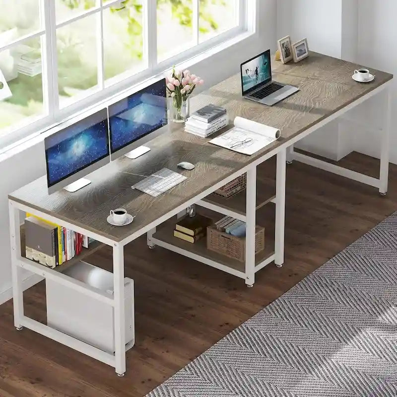 Bureau double pour ordinateur avec étagère, cadre en métal marron/noir/blanc/gris/gris clair, 200 cm – 2 places