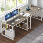 Bureau double pour ordinateur avec étagère, cadre en métal marron/noir/blanc/gris/gris clair, 200 cm – 2 places