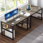 Bureau double pour ordinateur avec étagère, cadre en métal marron/noir/blanc/gris/gris clair, 200 cm – 2 places