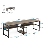 Bureau double pour ordinateur avec étagère, cadre en métal marron/noir/blanc/gris/gris clair, 200 cm – 2 places