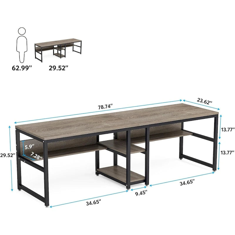 Bureau double pour ordinateur avec étagère, cadre en métal marron/noir/blanc/gris/gris clair, 200 cm – 2 places