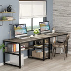 Bureau double pour ordinateur avec étagère, cadre en métal marron/noir/blanc/gris/gris clair, 200 cm – 2 places