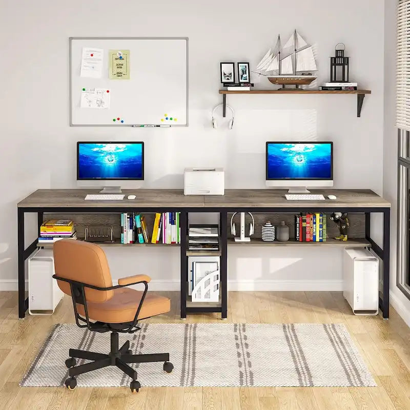 Bureau double pour ordinateur avec étagère, cadre en métal marron/noir/blanc/gris/gris clair, 200 cm – 2 places