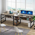 Bureau double pour ordinateur avec étagère, cadre en métal marron/noir/blanc/gris/gris clair, 200 cm – 2 places
