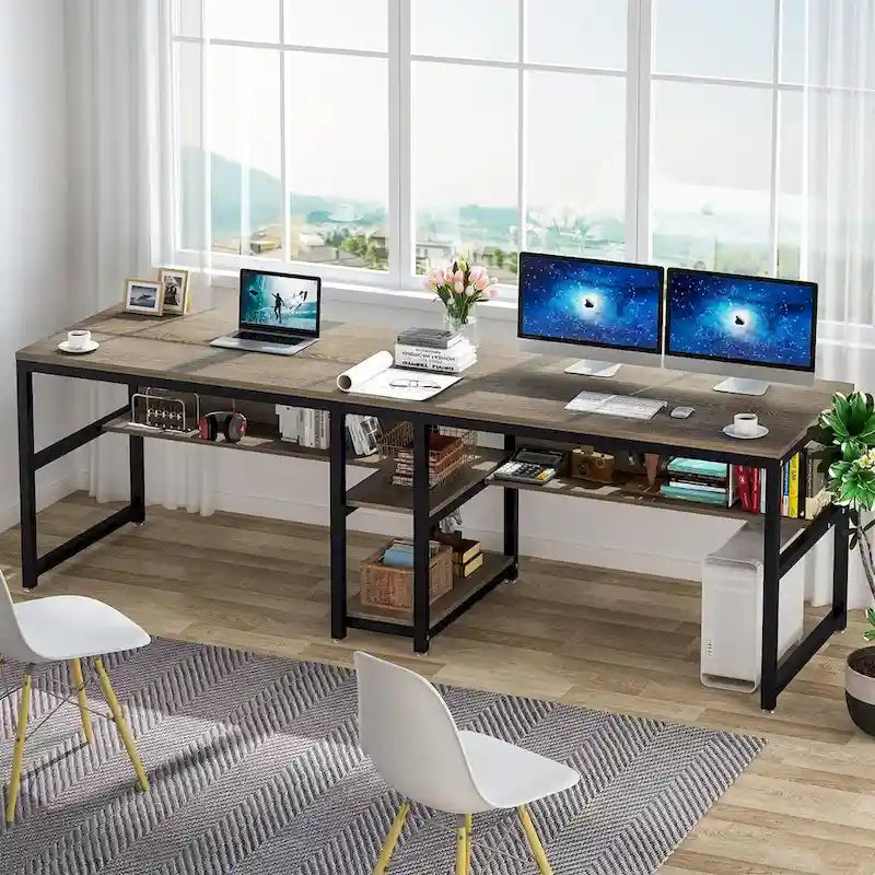 Bureau double pour ordinateur avec étagère, cadre en métal marron/noir/blanc/gris/gris clair, 200 cm – 2 places