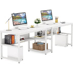 Bureau double pour ordinateur avec étagère, cadre en métal marron/noir/blanc/gris/gris clair, 200 cm – 2 places