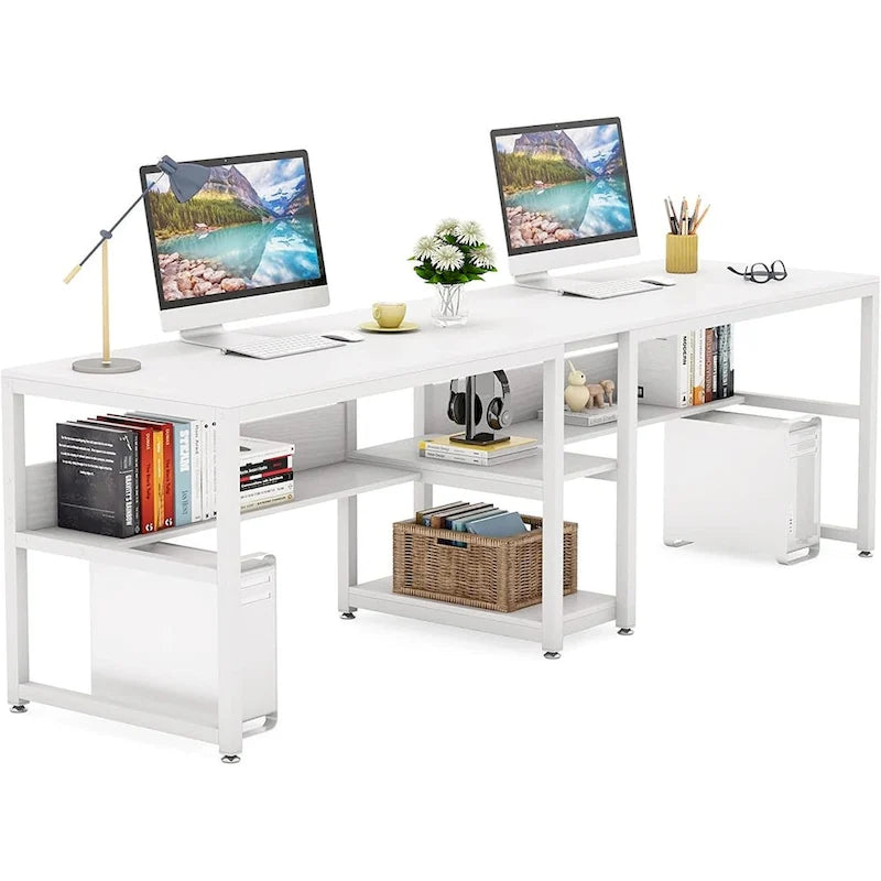 Bureau double pour ordinateur avec étagère, cadre en métal marron/noir/blanc/gris/gris clair, 200 cm – 2 places