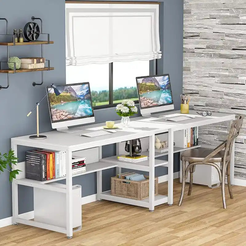 Bureau double pour ordinateur avec étagère, cadre en métal marron/noir/blanc/gris/gris clair, 200 cm – 2 places