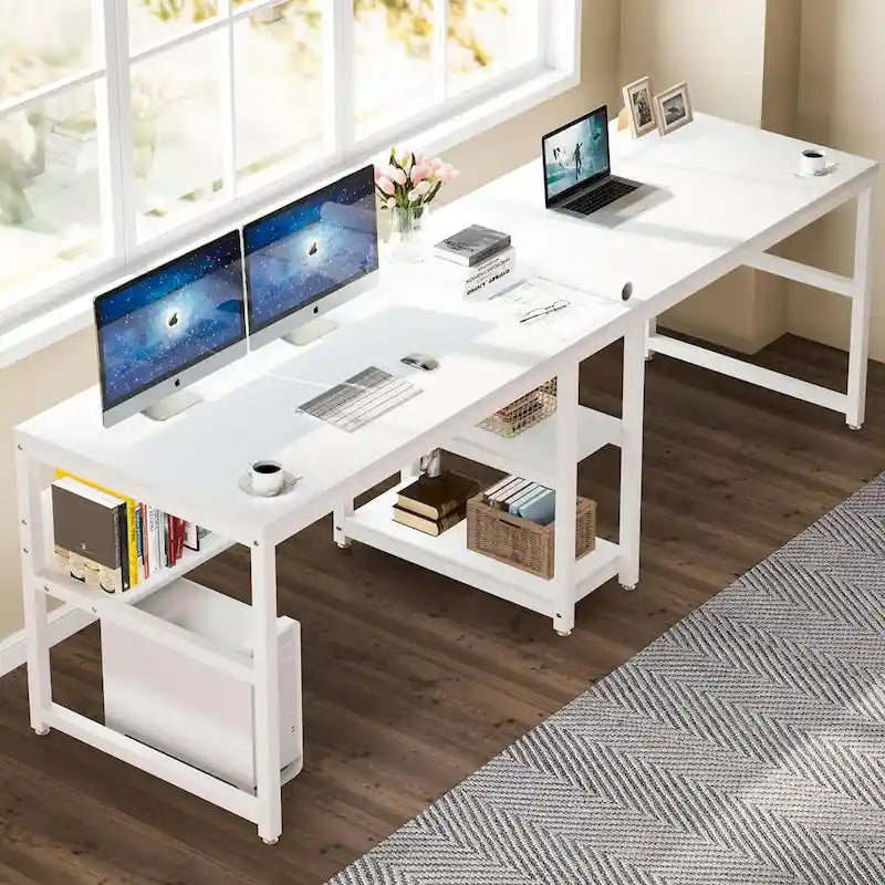 Bureau double pour ordinateur avec étagère, cadre en métal marron/noir/blanc/gris/gris clair, 200 cm – 2 places