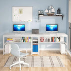 Bureau double pour ordinateur avec étagère, cadre en métal marron/noir/blanc/gris/gris clair, 200 cm – 2 places