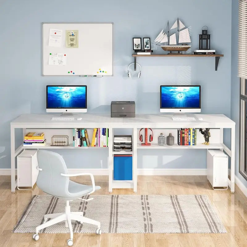 Bureau double pour ordinateur avec étagère, cadre en métal marron/noir/blanc/gris/gris clair, 200 cm – 2 places
