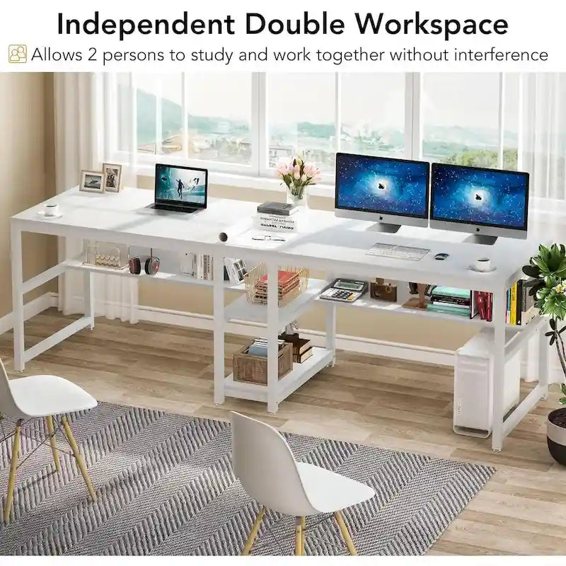 Bureau double pour ordinateur avec étagère, cadre en métal marron/noir/blanc/gris/gris clair, 200 cm – 2 places