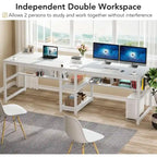 Bureau double pour ordinateur avec étagère, cadre en métal marron/noir/blanc/gris/gris clair, 200 cm – 2 places
