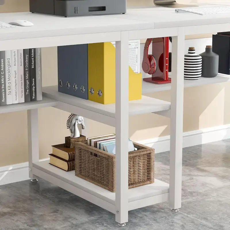 Bureau double pour ordinateur avec étagère, cadre en métal marron/noir/blanc/gris/gris clair, 200 cm – 2 places