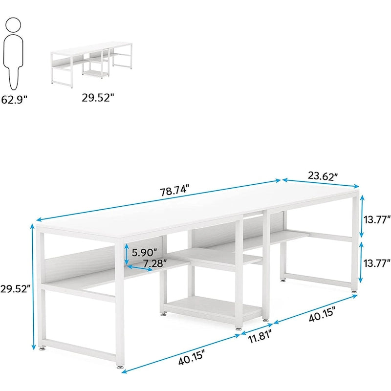 Bureau double pour ordinateur avec étagère, cadre en métal marron/noir/blanc/gris/gris clair, 200 cm – 2 places