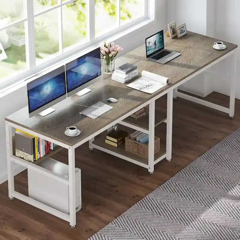 Bureau double pour ordinateur avec étagère, cadre en métal marron/noir/blanc/gris/gris clair, 200 cm – 2 places