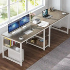 Bureau double pour ordinateur avec étagère, cadre en métal marron/noir/blanc/gris/gris clair, 200 cm – 2 places