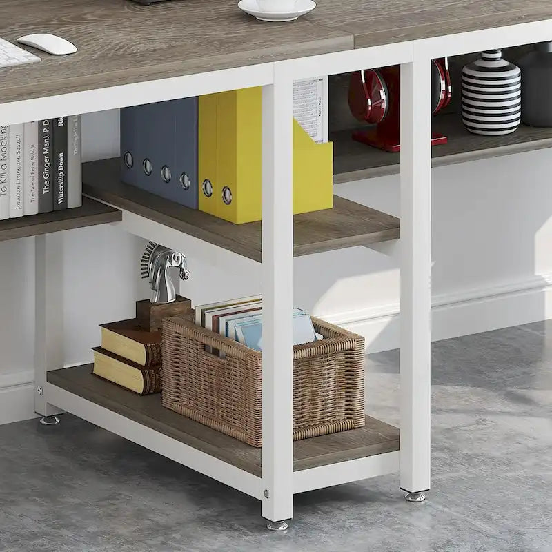 Bureau double pour ordinateur avec étagère, cadre en métal marron/noir/blanc/gris/gris clair, 200 cm – 2 places
