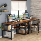 Bureau double pour ordinateur avec étagère, cadre en métal marron/noir/blanc/gris/gris clair, 200 cm – 2 places