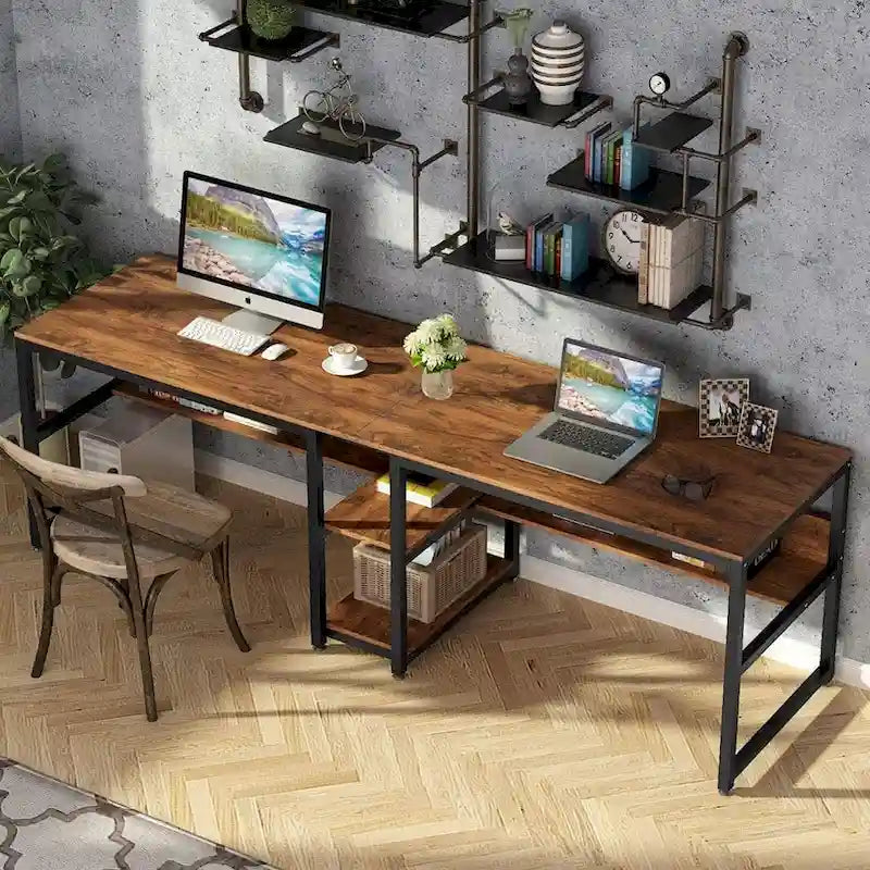 Bureau double pour ordinateur avec étagère, cadre en métal marron/noir/blanc/gris/gris clair, 200 cm – 2 places