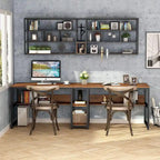 Bureau double pour ordinateur avec étagère, cadre en métal marron/noir/blanc/gris/gris clair, 200 cm – 2 places