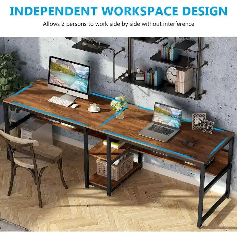 Bureau double pour ordinateur avec étagère, cadre en métal marron/noir/blanc/gris/gris clair, 200 cm – 2 places