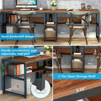 Bureau double pour ordinateur avec étagère, cadre en métal marron/noir/blanc/gris/gris clair, 200 cm – 2 places