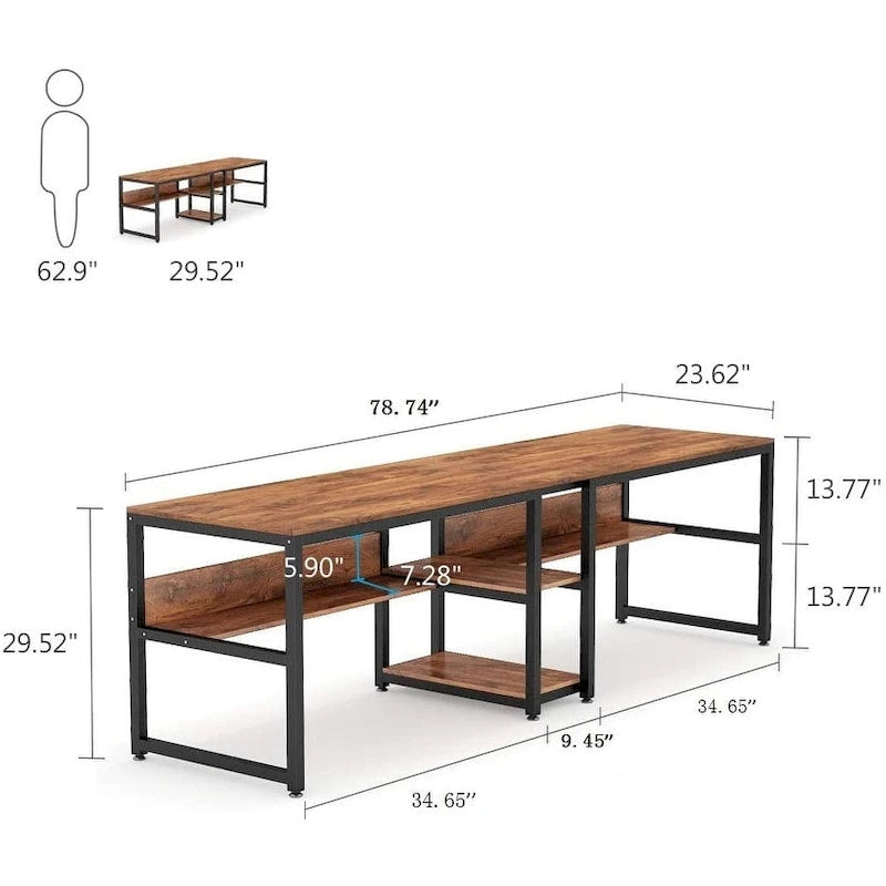 Bureau double pour ordinateur avec étagère, cadre en métal marron/noir/blanc/gris/gris clair, 200 cm – 2 places