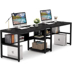 Bureau double pour ordinateur avec étagère, cadre en métal marron/noir/blanc/gris/gris clair, 200 cm – 2 places