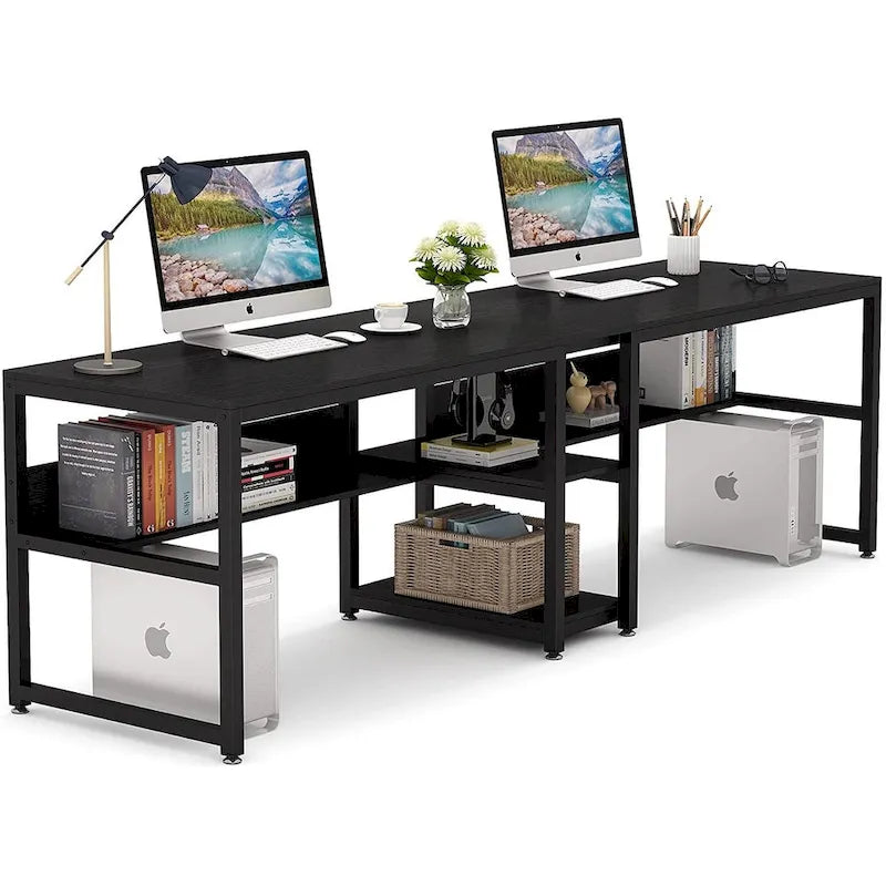 Bureau double pour ordinateur avec étagère, cadre en métal marron/noir/blanc/gris/gris clair, 200 cm – 2 places
