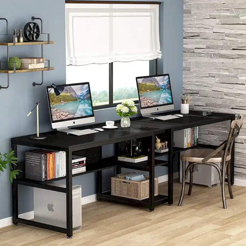 Bureau double pour ordinateur avec étagère, cadre en métal marron/noir/blanc/gris/gris clair, 200 cm – 2 places