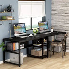 Bureau double pour ordinateur avec étagère, cadre en métal marron/noir/blanc/gris/gris clair, 200 cm – 2 places