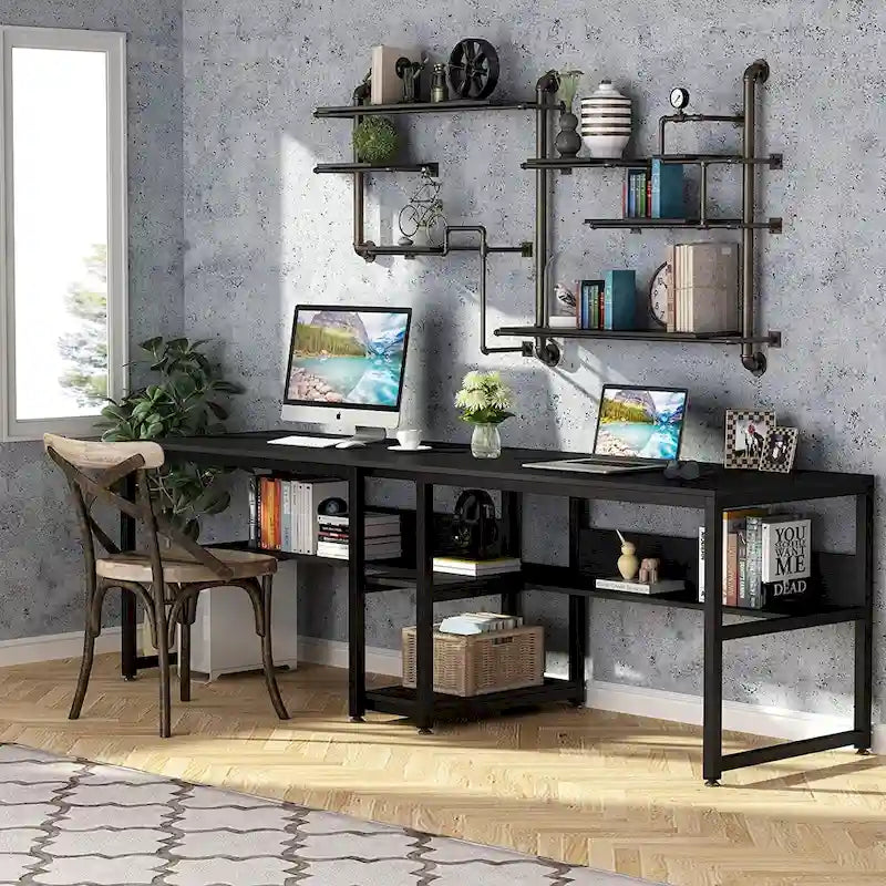 Bureau double pour ordinateur avec étagère, cadre en métal marron/noir/blanc/gris/gris clair, 200 cm – 2 places