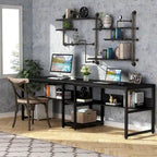Bureau double pour ordinateur avec étagère, cadre en métal marron/noir/blanc/gris/gris clair, 200 cm – 2 places