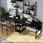 Bureau double pour ordinateur avec étagère, cadre en métal marron/noir/blanc/gris/gris clair, 200 cm – 2 places