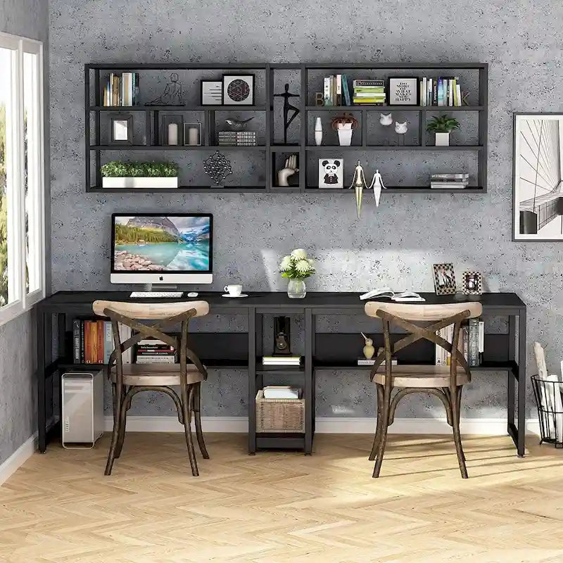 Bureau double pour ordinateur avec étagère, cadre en métal marron/noir/blanc/gris/gris clair, 200 cm – 2 places
