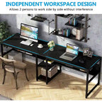 Bureau double pour ordinateur avec étagère, cadre en métal marron/noir/blanc/gris/gris clair, 200 cm – 2 places