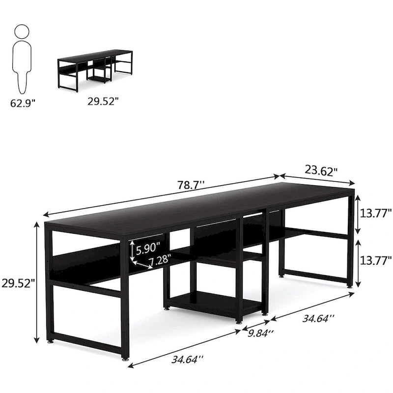 Bureau double pour ordinateur avec étagère, cadre en métal marron/noir/blanc/gris/gris clair, 200 cm – 2 places