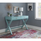 Bureau d'écriture monoposte en MDF et pin X-Frame, coloris turquoise/marine/gris, avec 2 tiroirs