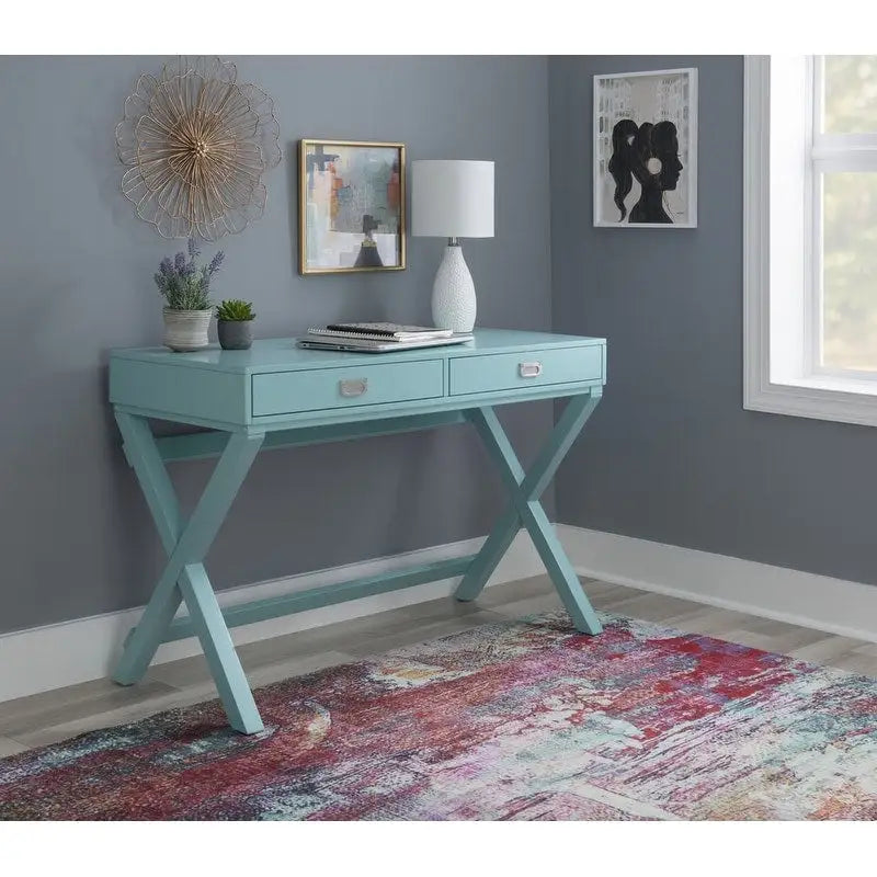 Bureau d'écriture monoposte en MDF et pin X-Frame, coloris turquoise/marine/gris, avec 2 tiroirs