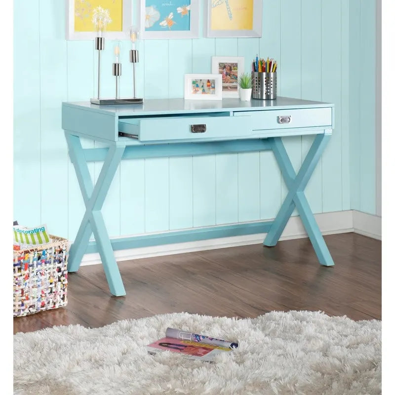 Bureau d'écriture monoposte en MDF et pin X-Frame, coloris turquoise/marine/gris, avec 2 tiroirs