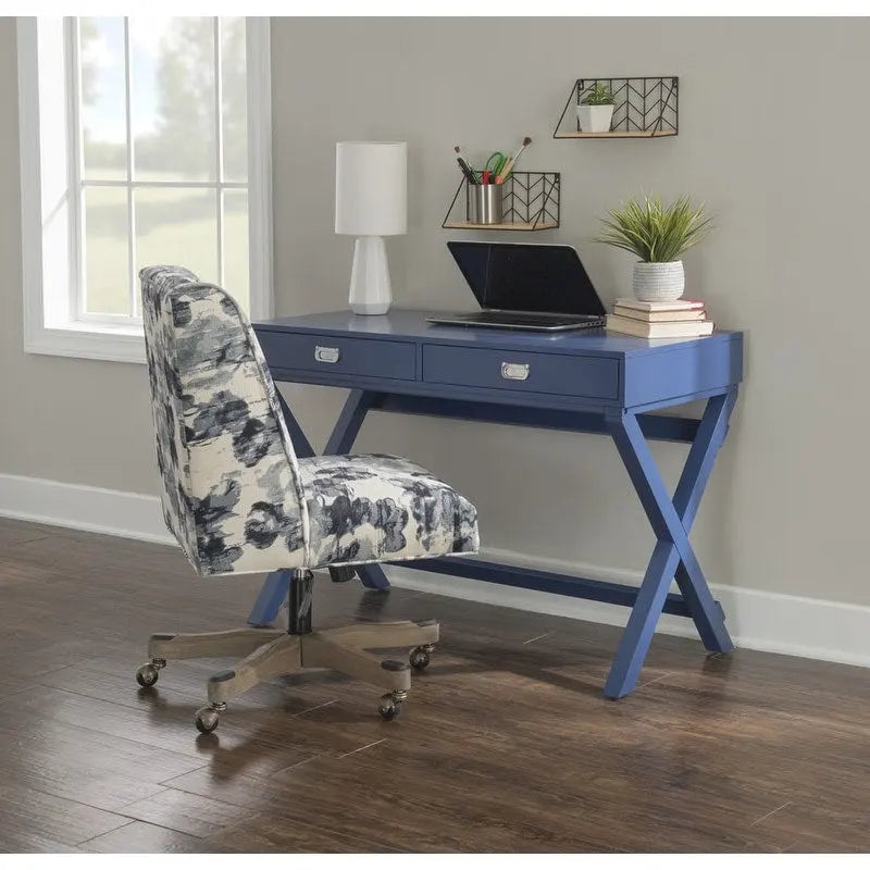 Bureau d'écriture monoposte en MDF et pin X-Frame, coloris turquoise/marine/gris, avec 2 tiroirs
